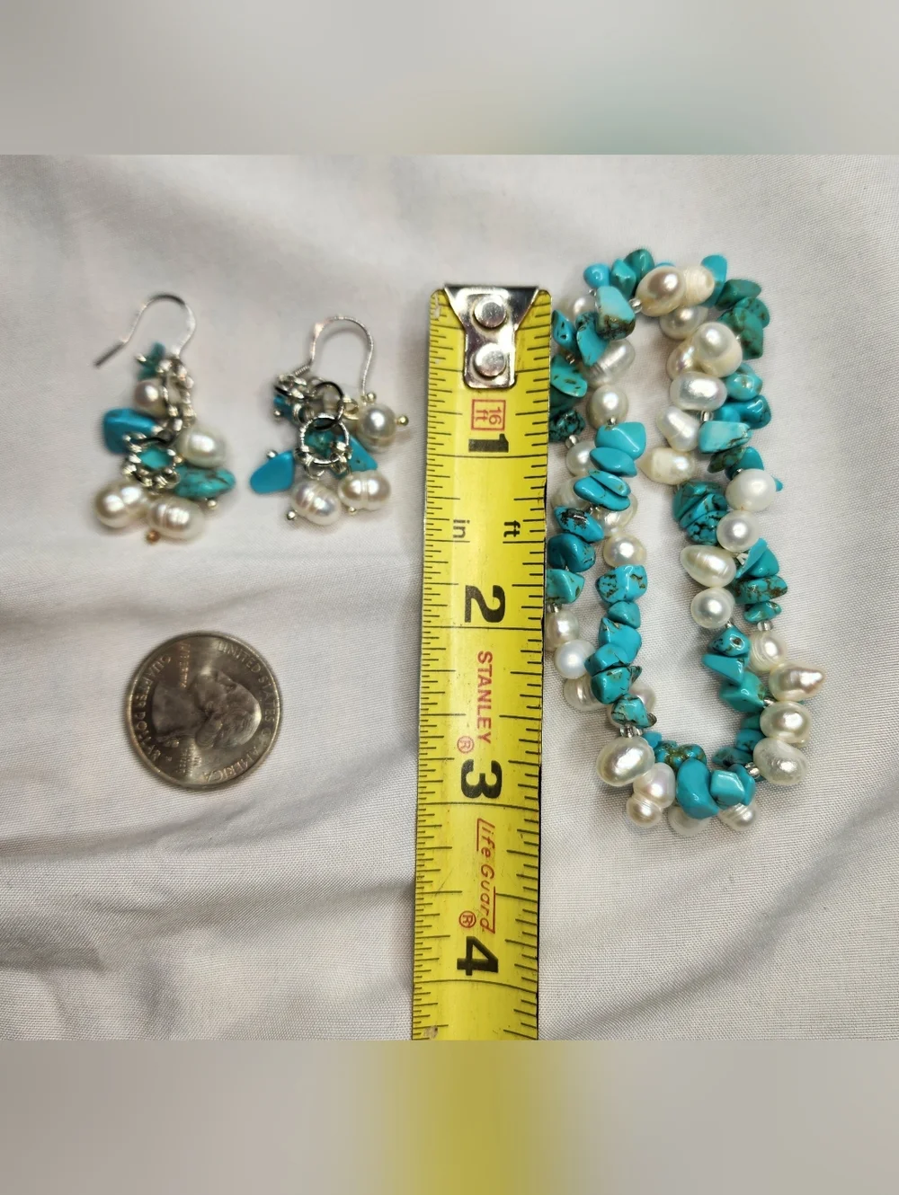Turquoise Chip & Pearl Cluster Bracelet and Earrings Set - Women Jewelry